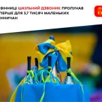 Шкільні дзвоники з жовто-синім бантом і стрічками на синій скатертині